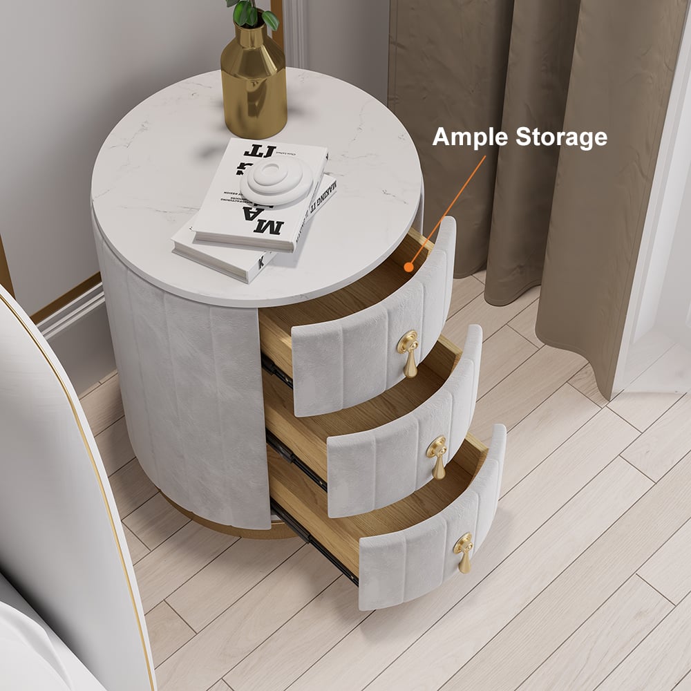 White Velvet Nightstand with Storage Round Nightstand with 3 Drawers Stone Top - 