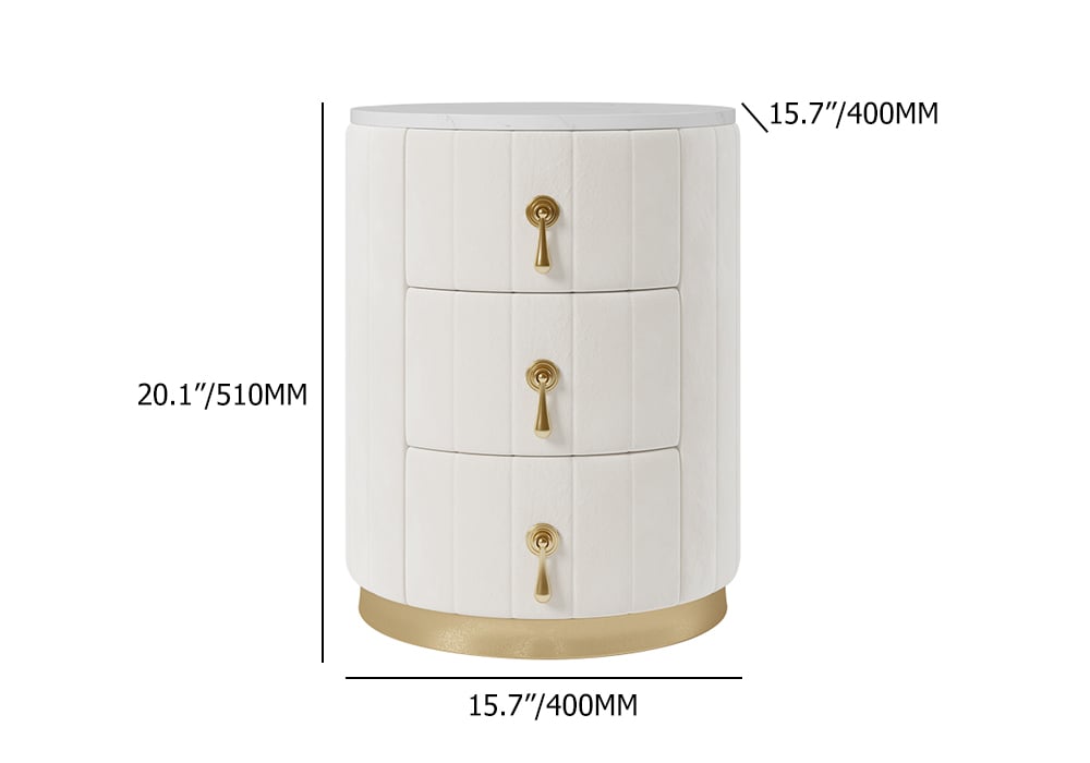 White Velvet Nightstand with Storage Round Nightstand with 3 Drawers Stone Top - 
