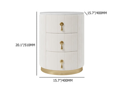 White Velvet Nightstand with Storage Round Nightstand with 3 Drawers Stone Top - 