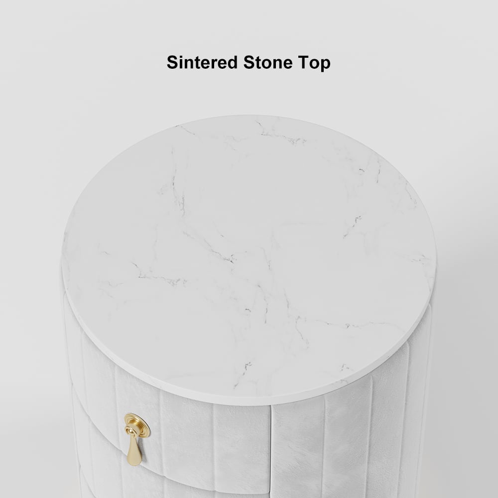 White Velvet Nightstand with Storage Round Nightstand with 3 Drawers Stone Top - 