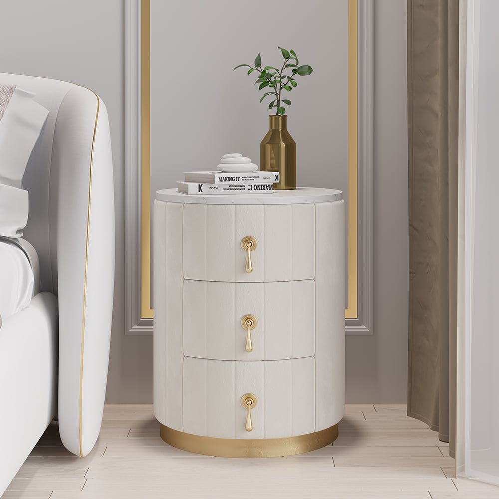 White Velvet Nightstand with Storage Round Nightstand with 3 Drawers Stone Top - Homary