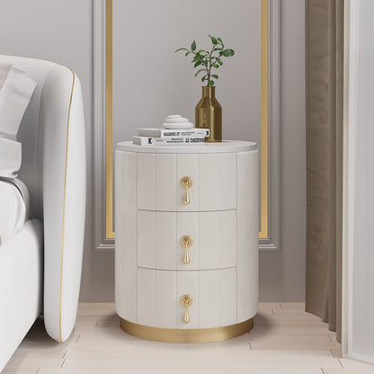 White Velvet Nightstand with Storage Round Nightstand with 3 Drawers Stone Top - Homary