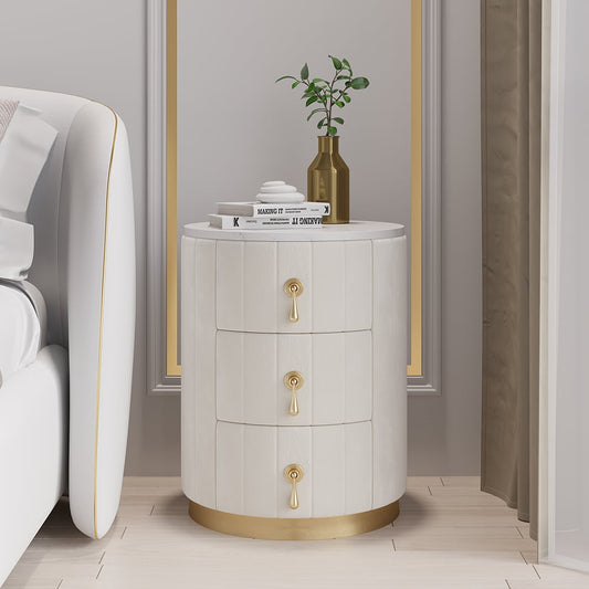 White Velvet Nightstand with Storage Round Nightstand with 3 Drawers Stone Top - Homary