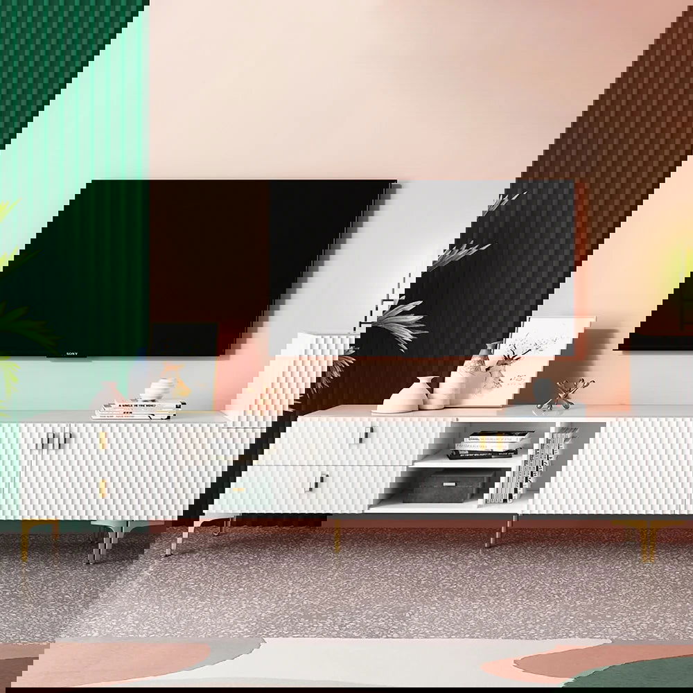 White Wood TV Stand in Gold for TVs up to 2159mm with 3 Shelves, 2 Drawers, 2 Doors - 