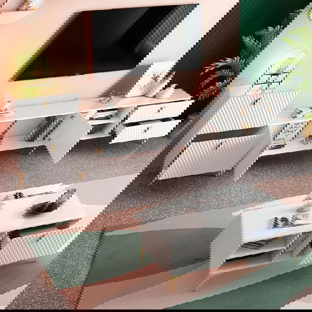 White Wood TV Stand in Gold for TVs up to 2159mm with 3 Shelves, 2 Drawers, 2 Doors - 