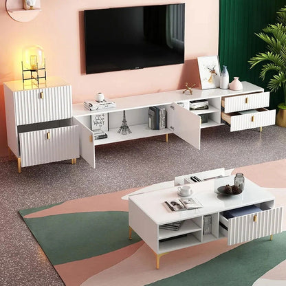 White Wood TV Stand in Gold for TVs up to 2159mm with 3 Shelves, 2 Drawers, 2 Doors - 