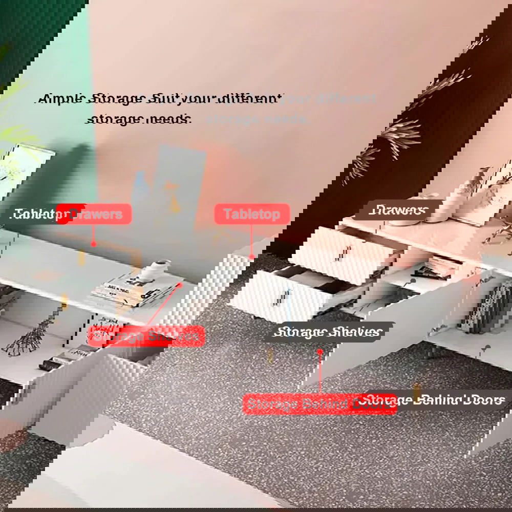 White Wood TV Stand in Gold for TVs up to 2159mm with 3 Shelves, 2 Drawers, 2 Doors - 