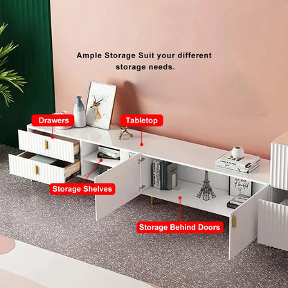 White Wood TV Stand in Gold for TVs up to 2159mm with 3 Shelves, 2 Drawers, 2 Doors - 