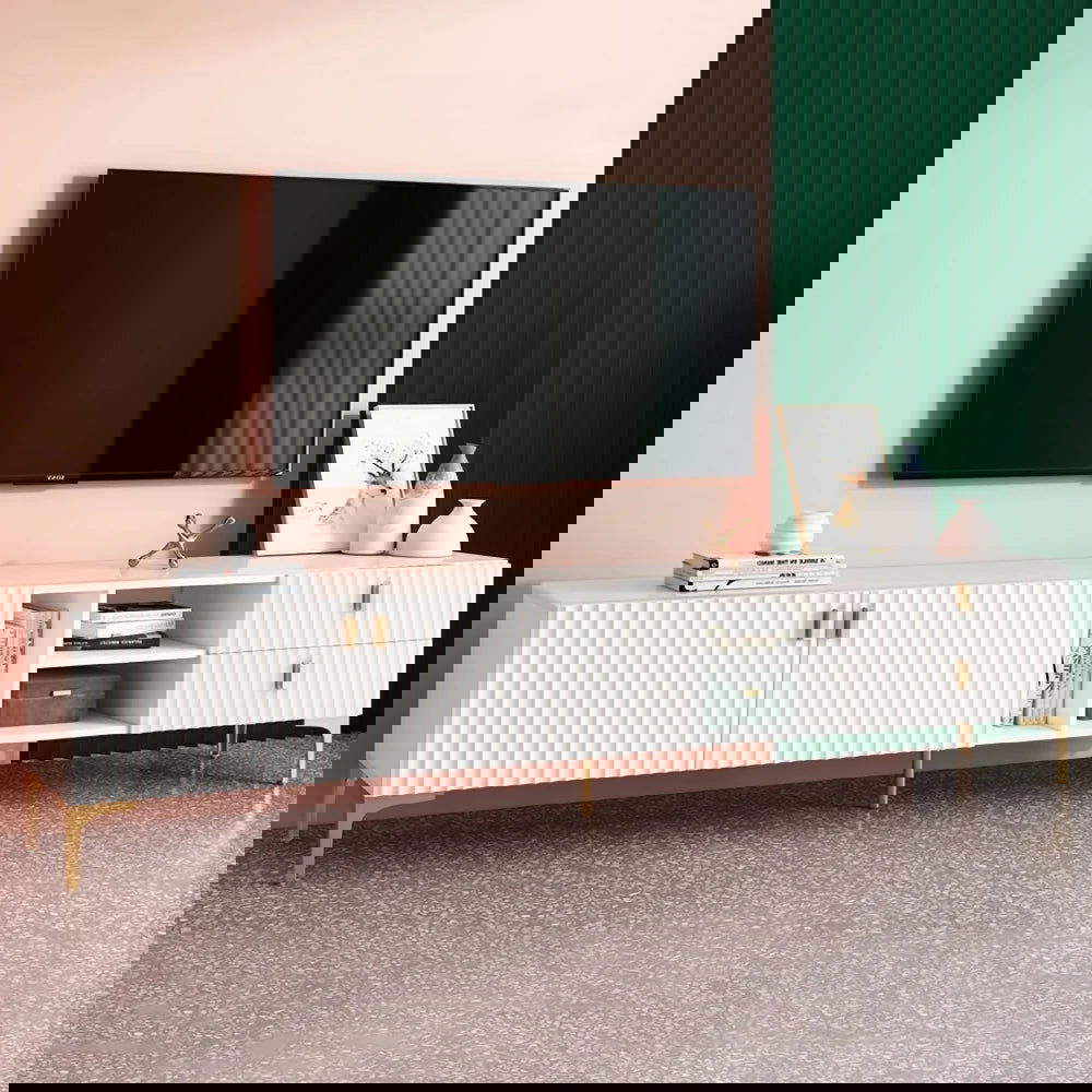 White Wood TV Stand in Gold for TVs up to 2159mm with 3 Shelves, 2 Drawers, 2 Doors - Homary