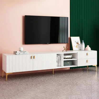 White Wood TV Stand in Gold for TVs up to 2159mm with 3 Shelves, 2 Drawers, 2 Doors - Homary
