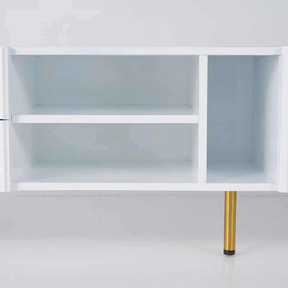 White Wood TV Stand in Gold for TVs up to 2159mm with 3 Shelves, 2 Drawers, 2 Doors - Homary