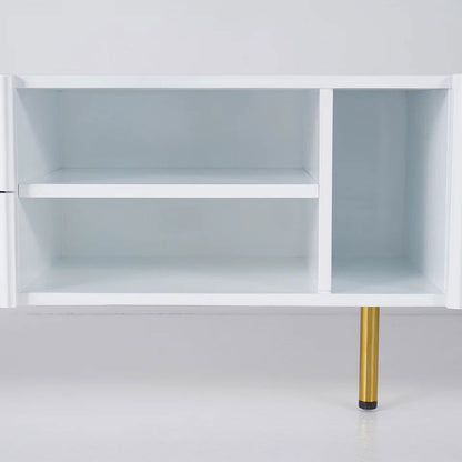 White Wood TV Stand in Gold for TVs up to 2159mm with 3 Shelves, 2 Drawers, 2 Doors - Homary
