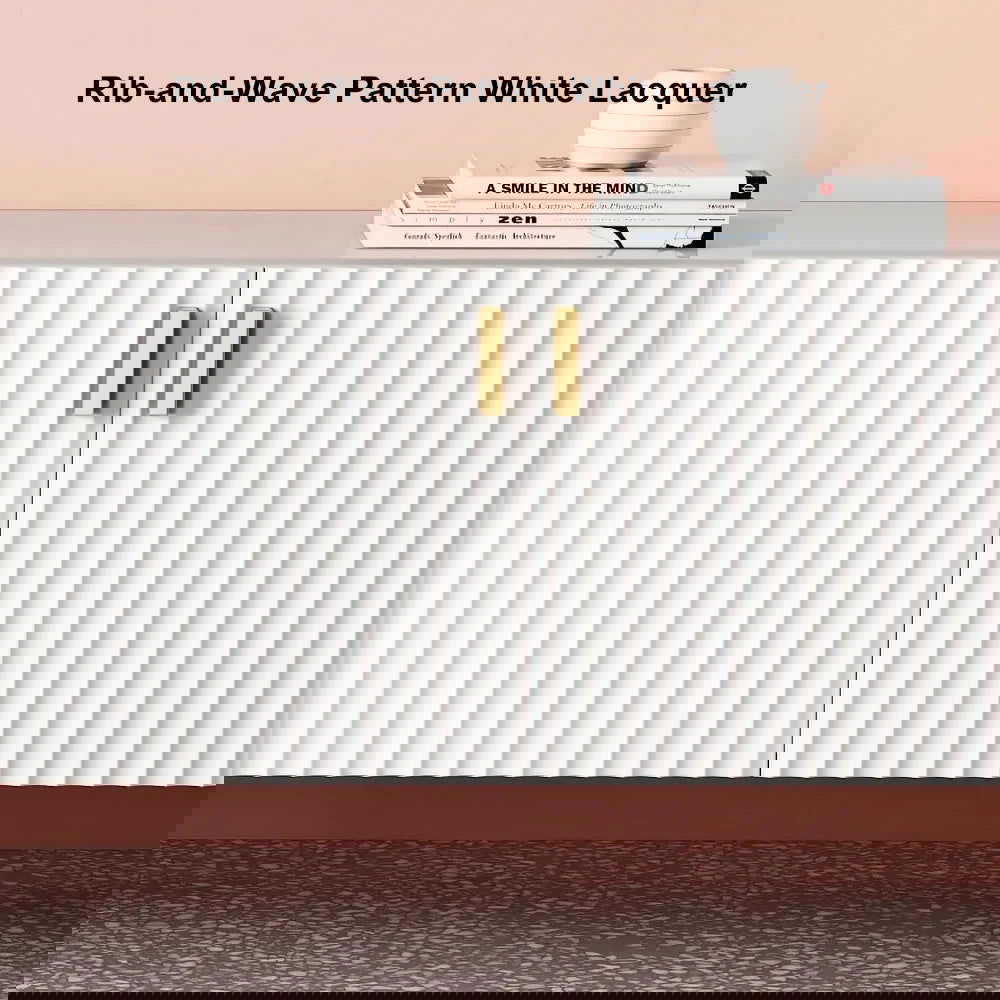 White Wood TV Stand in Gold for TVs up to 2159mm with 3 Shelves, 2 Drawers, 2 Doors - Homary