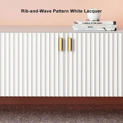 White Wood TV Stand in Gold for TVs up to 2159mm with 3 Shelves, 2 Drawers, 2 Doors - Homary