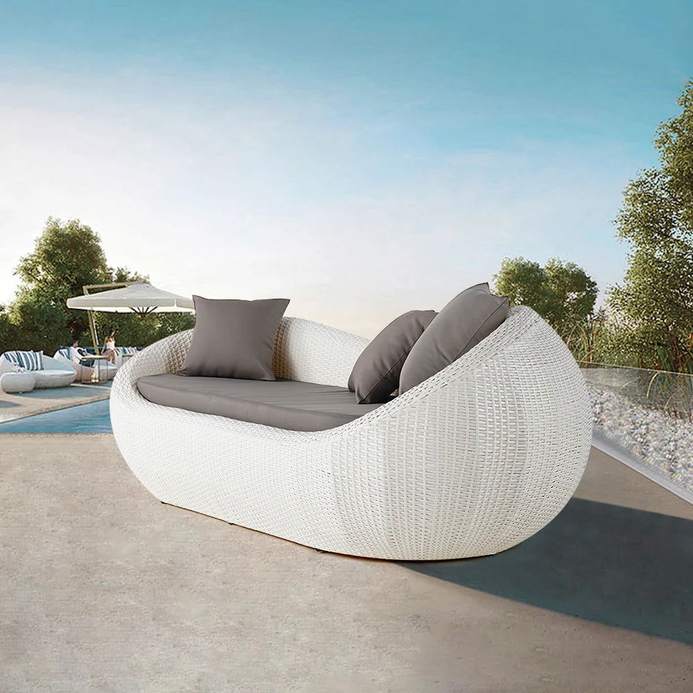 White Woven Rattan Round 1910mm Outdoor Sofa with Cushion & Pillow and Curved Back - 