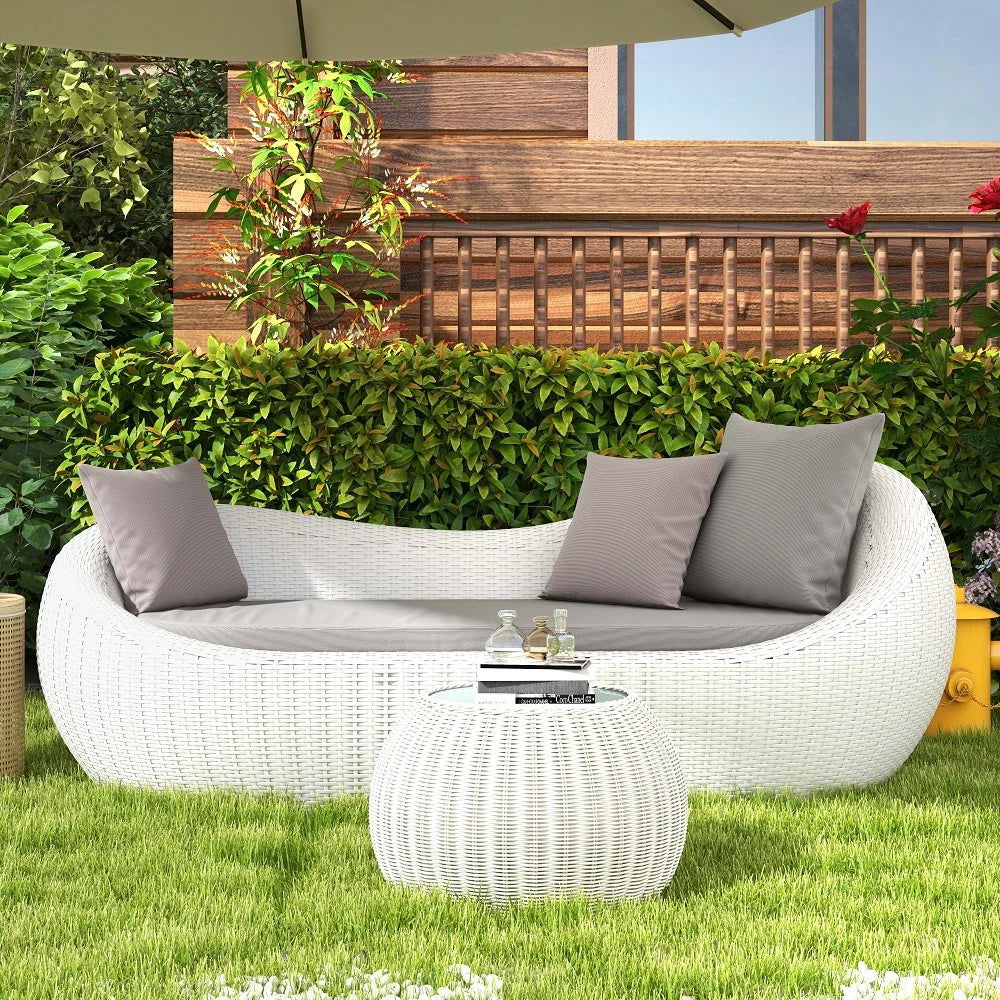 White Woven Rattan Round 1910mm Outdoor Sofa with Cushion & Pillow and Curved Back - 