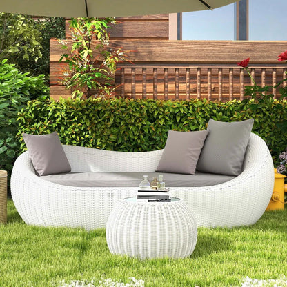 White Woven Rattan Round 1910mm Outdoor Sofa with Cushion & Pillow and Curved Back - 