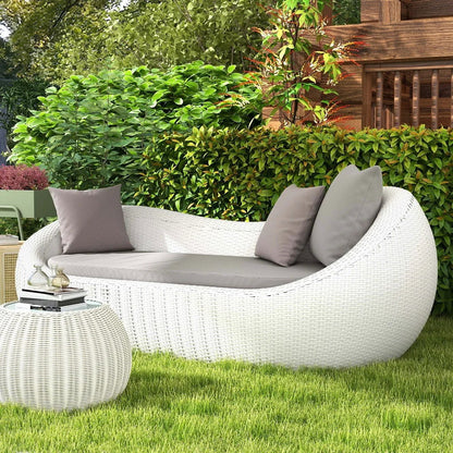 White Woven Rattan Round 1910mm Outdoor Sofa with Cushion & Pillow and Curved Back - 