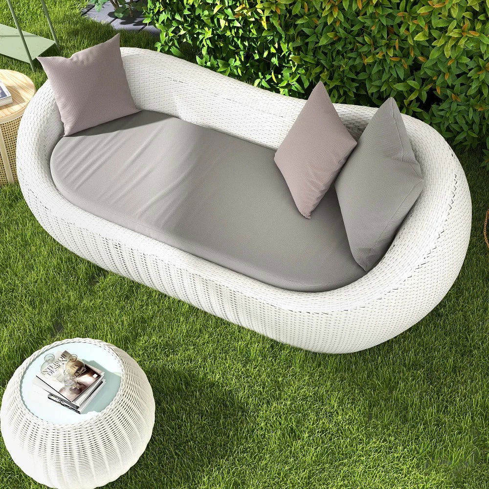 White Woven Rattan Round 1910mm Outdoor Sofa with Cushion & Pillow and Curved Back - 