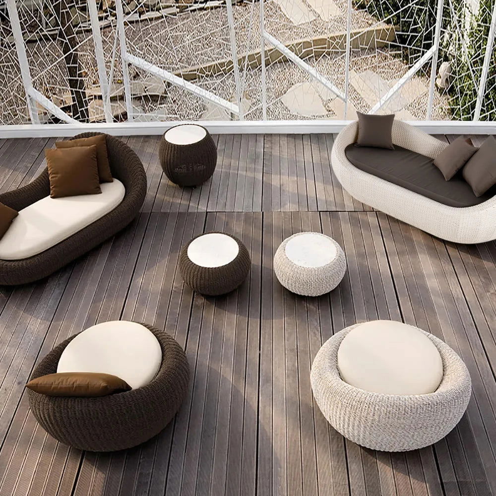 White Woven Rattan Round 1910mm Outdoor Sofa with Cushion & Pillow and Curved Back - 