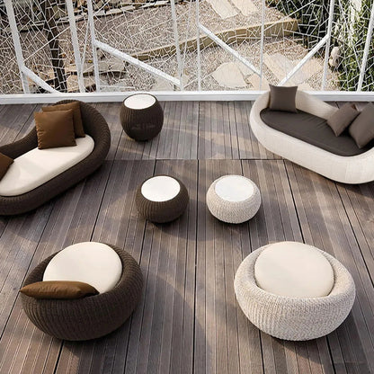White Woven Rattan Round 1910mm Outdoor Sofa with Cushion & Pillow and Curved Back - 