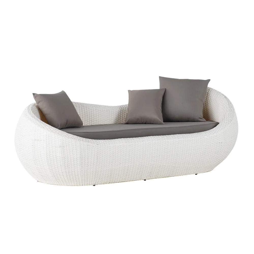 White Woven Rattan Round 1910mm Outdoor Sofa with Cushion & Pillow and Curved Back - 