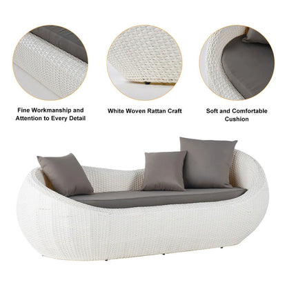 White Woven Rattan Round 1910mm Outdoor Sofa with Cushion & Pillow and Curved Back - 