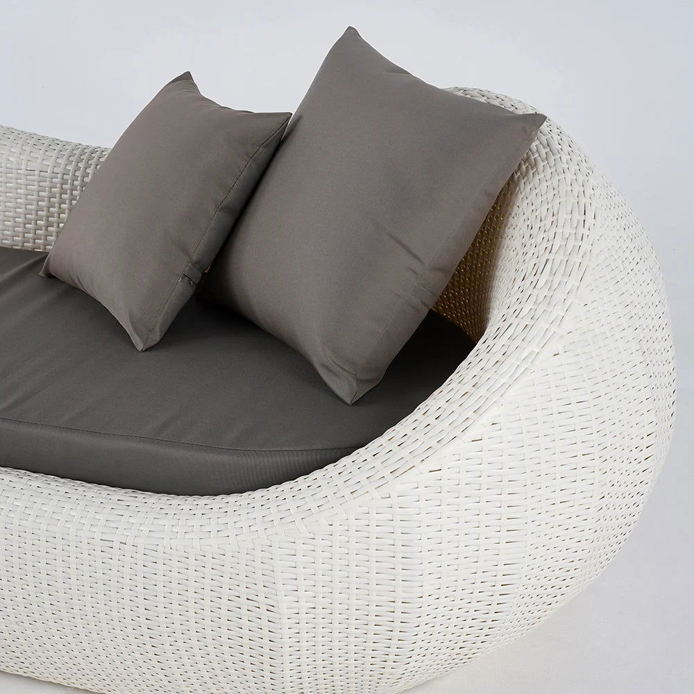 White Woven Rattan Round 1910mm Outdoor Sofa with Cushion & Pillow and Curved Back - 