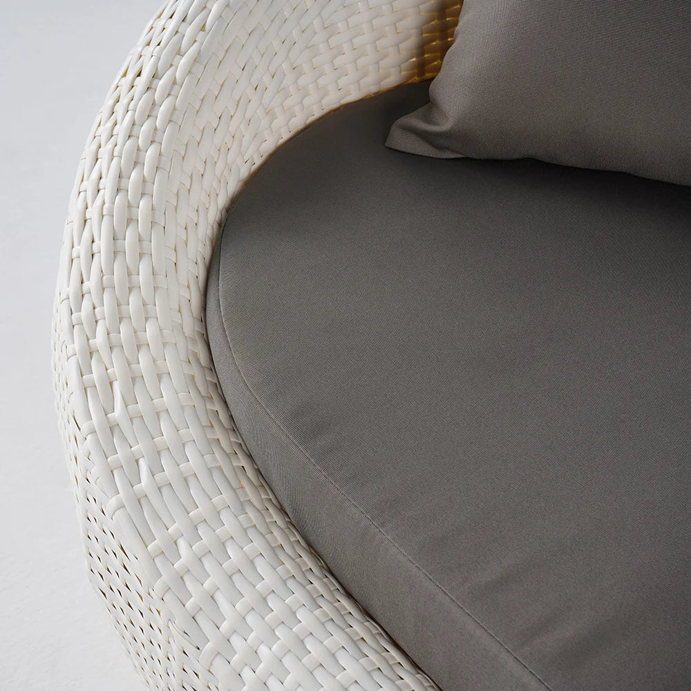 White Woven Rattan Round 1910mm Outdoor Sofa with Cushion & Pillow and Curved Back - 