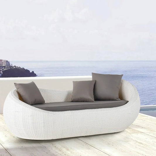 White Woven Rattan Round 1910mm Outdoor Sofa with Cushion & Pillow and Curved Back - Homary