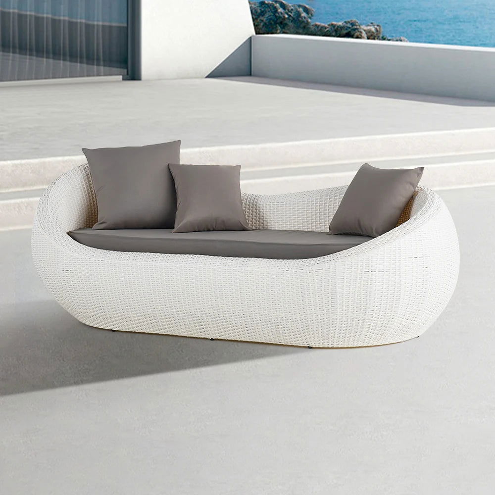 White Woven Rattan Round 1910mm Outdoor Sofa with Cushion & Pillow and Curved Back - Homary