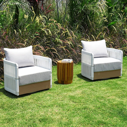 White Woven Rope Outdoor Swivel Chair Sofa 360 Degree Rotatable Coastal Patio Armchair - 