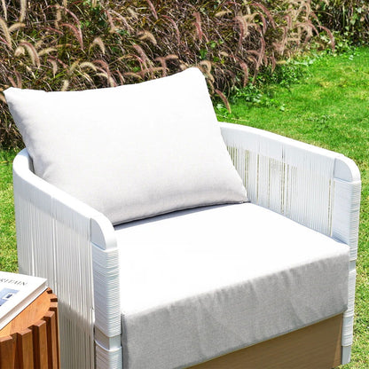 White Woven Rope Outdoor Swivel Chair Sofa 360 Degree Rotatable Coastal Patio Armchair - 