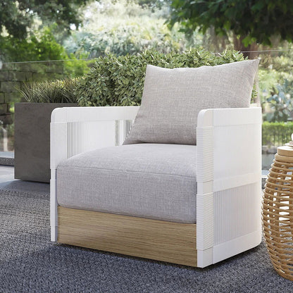 White Woven Rope Outdoor Swivel Chair Sofa 360 Degree Rotatable Coastal Patio Armchair - 