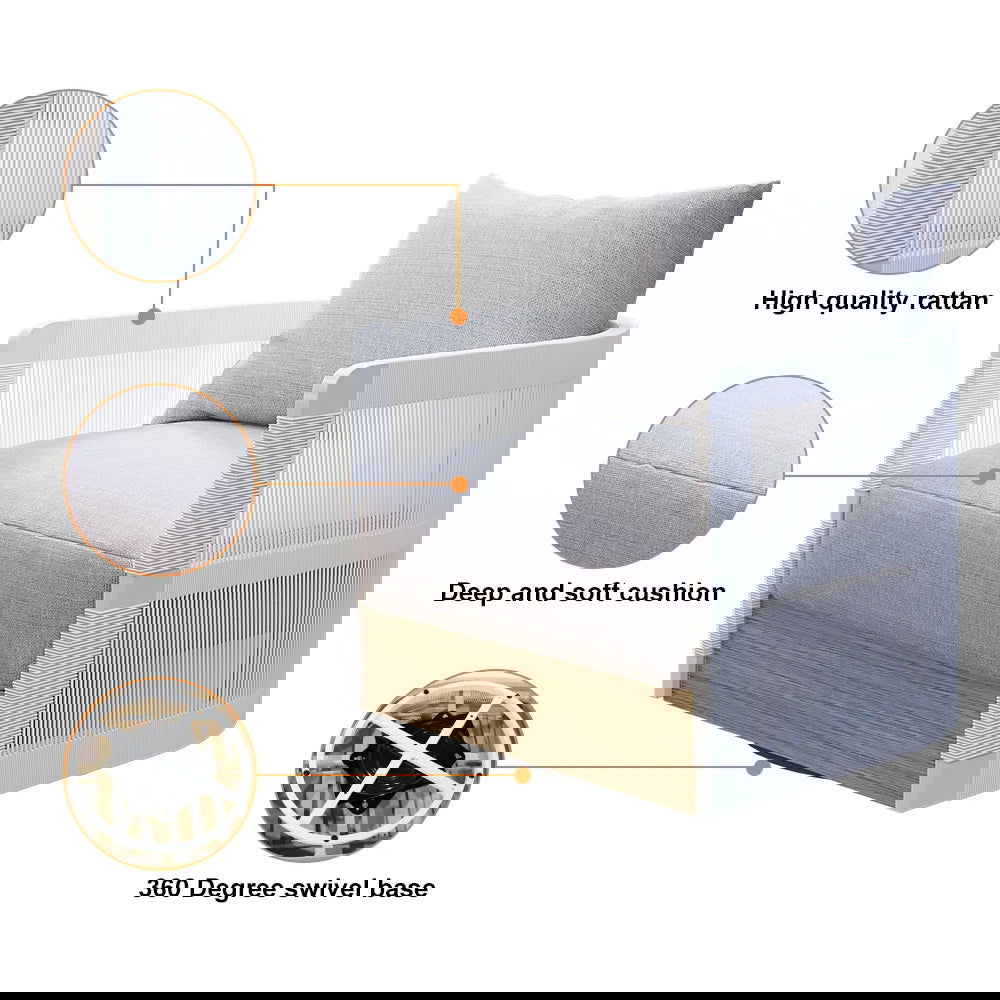 White Woven Rope Outdoor Swivel Chair Sofa 360 Degree Rotatable Coastal Patio Armchair - 