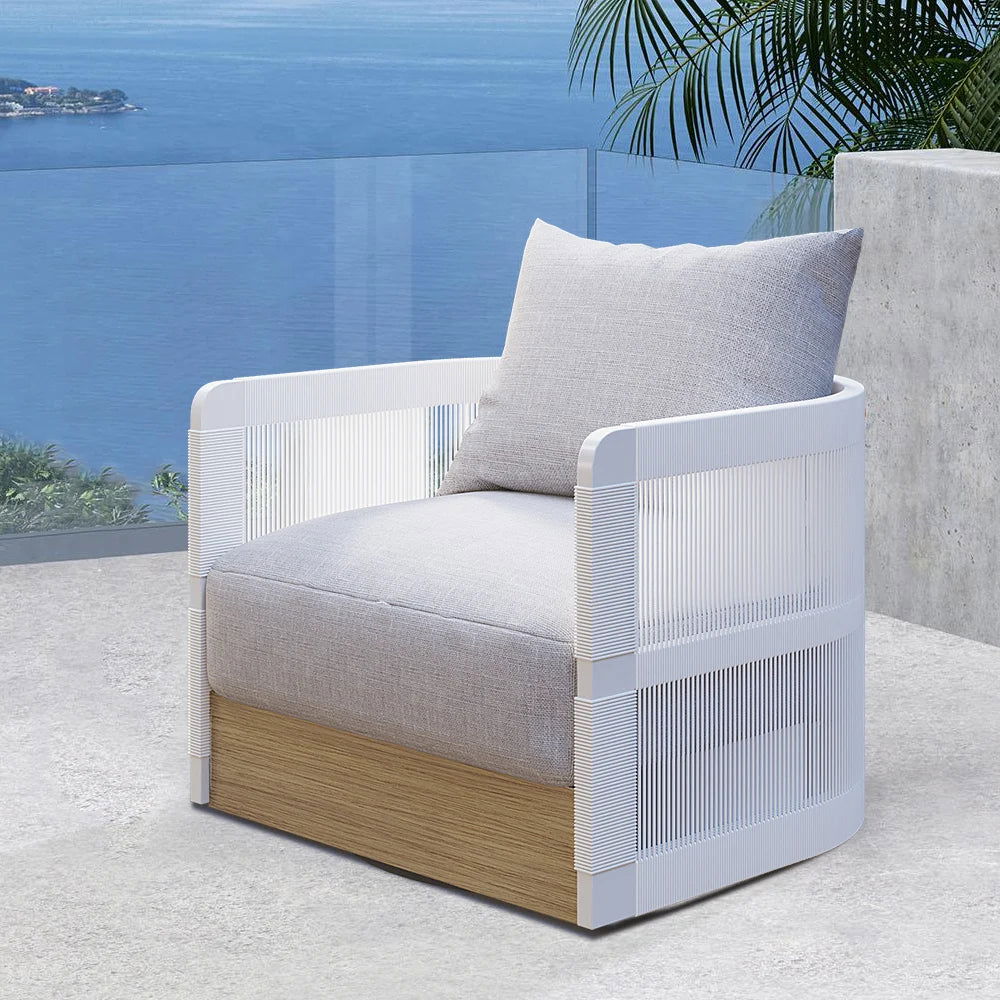 White Woven Rope Outdoor Swivel Chair Sofa 360 Degree Rotatable Coastal Patio Armchair - Homary