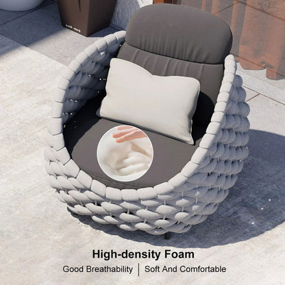 Woven Rope Outdoor Chair Waterproof Yard & Patio Armchair in Gray with Cushion - 