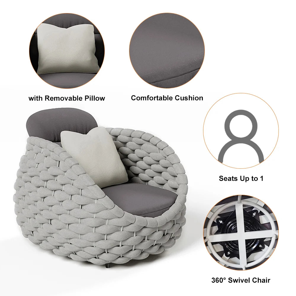 Woven Rope Outdoor Swivel Chair Rotatable Yard & Patio Armchair in Gray with Cushion - 