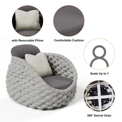 Woven Rope Outdoor Swivel Chair Rotatable Yard & Patio Armchair in Gray with Cushion - 