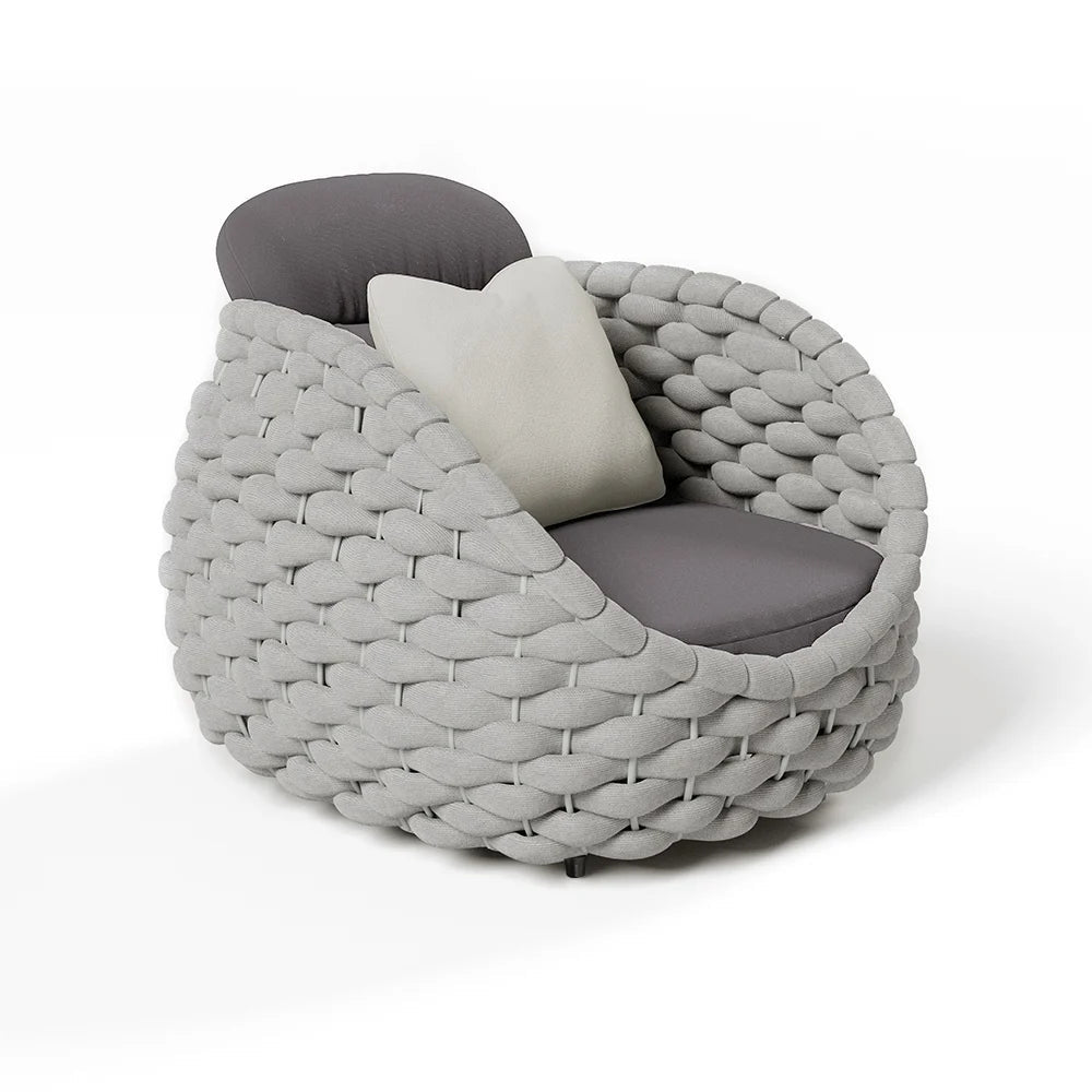Woven Rope Outdoor Swivel Chair Rotatable Yard & Patio Armchair in Gray with Cushion - 
