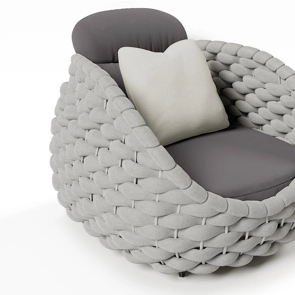 Woven Rope Outdoor Swivel Chair Rotatable Yard & Patio Armchair in Gray with Cushion - 