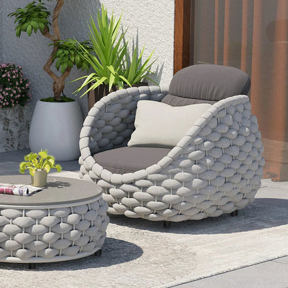Woven Rope Outdoor Swivel Chair Rotatable Yard & Patio Armchair in Gray with Cushion - Homary