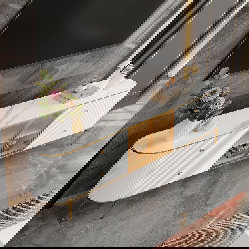 Yelly Modern White TV Stand with Oval Marble Top & Tempered Glass Doors Media Console - 