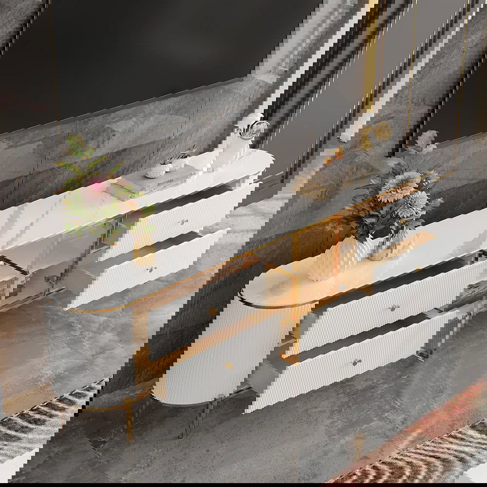 Yelly Modern White TV Stand with Oval Marble Top & Tempered Glass Doors Media Console - 