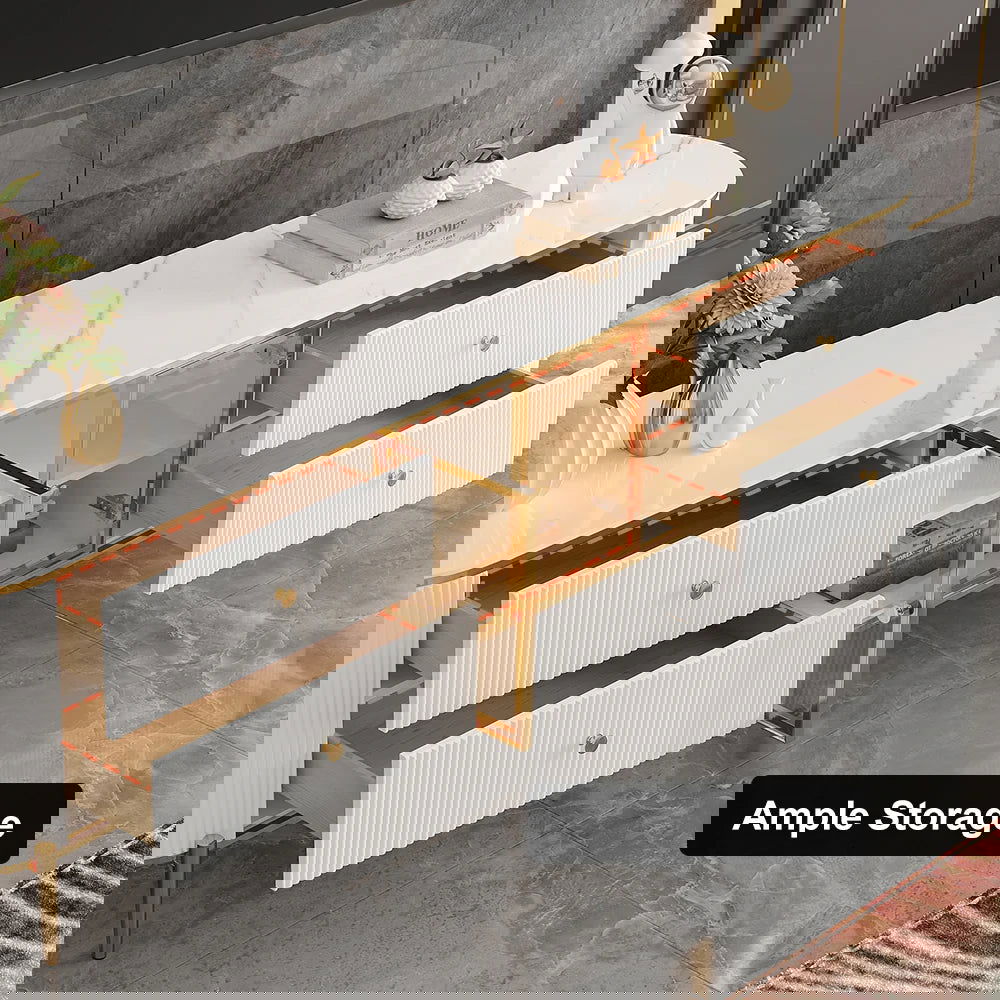 Yelly Modern White TV Stand with Oval Marble Top & Tempered Glass Doors Media Console - 