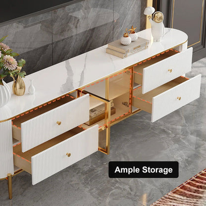 Yelly Modern White TV Stand with Oval Marble Top & Tempered Glass Doors Media Console - 