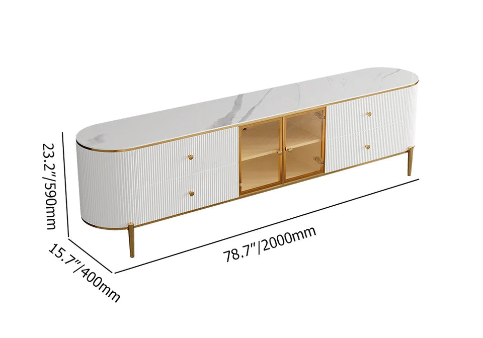 Yelly Modern White TV Stand with Oval Marble Top & Tempered Glass Doors Media Console - 