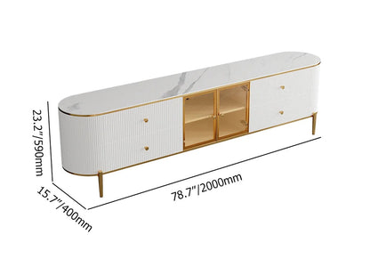 Yelly Modern White TV Stand with Oval Marble Top & Tempered Glass Doors Media Console - 