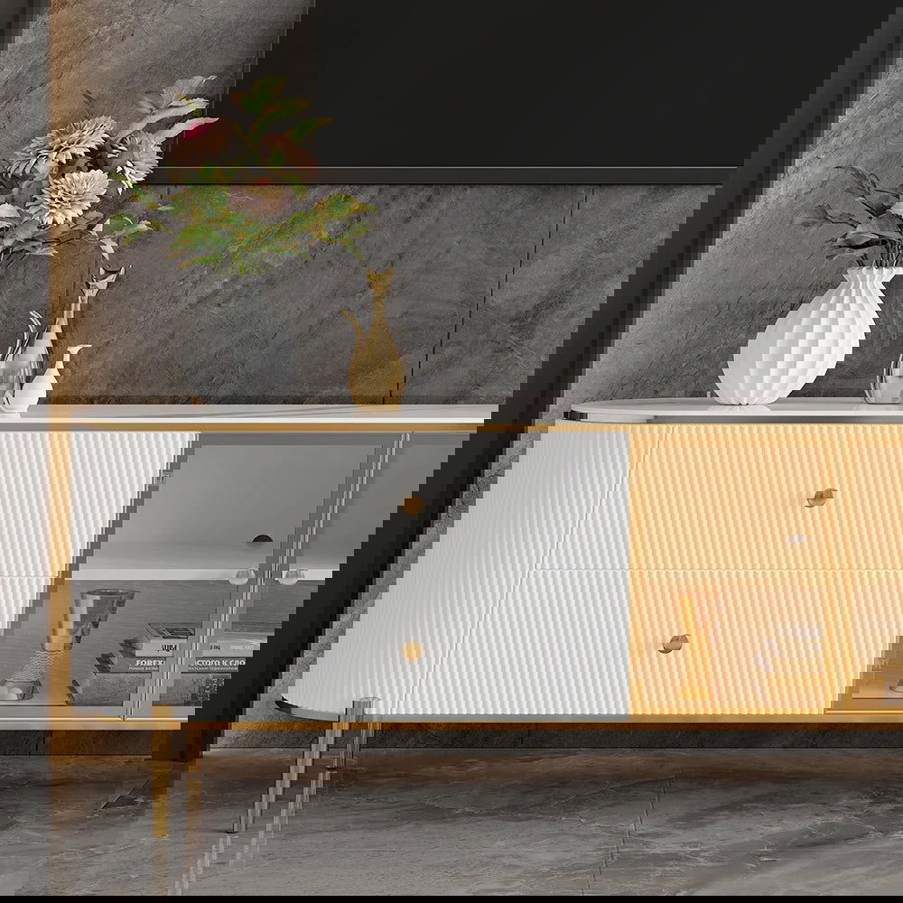 Yelly Modern White TV Stand with Oval Marble Top & Tempered Glass Doors Media Console - 