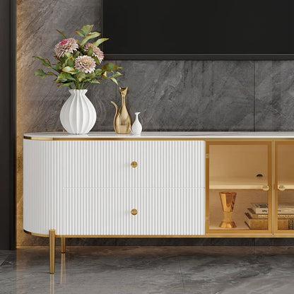 Yelly Modern White TV Stand with Oval Marble Top & Tempered Glass Doors Media Console - 